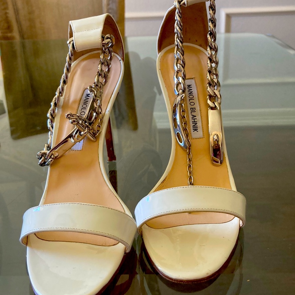 Size 9.5 Manolo Blahnik, White, patent leather high heel sandal. Size 39.5
